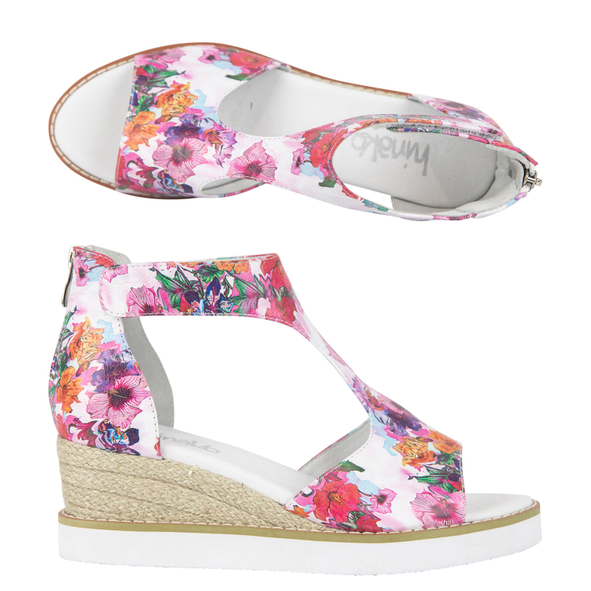 Floral wedge sandal with natural-look wedge, leather upper and ankle strap
