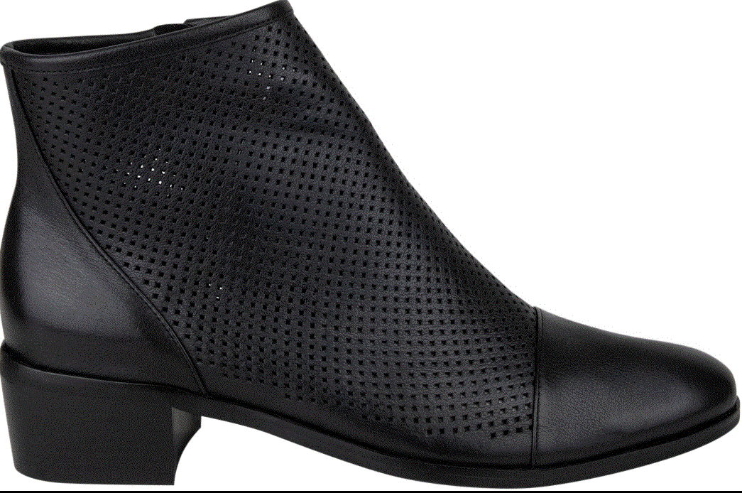 Black leather ankle boot with a rounded toe, contrasting textures on the front of the foot and a side zip