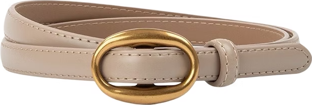 Slim nude leather belt with a smooth finish, 1.4 cm wide, shown coiled