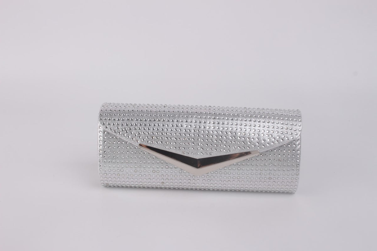 Gold and silver satin glitter evening clutch bag with a detachable chain