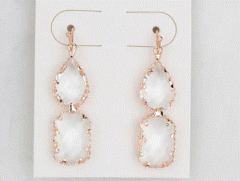 Pair of clear crystal drop earrings with shiny rose gold or silver plating, on a hook fitting, shown on a display card