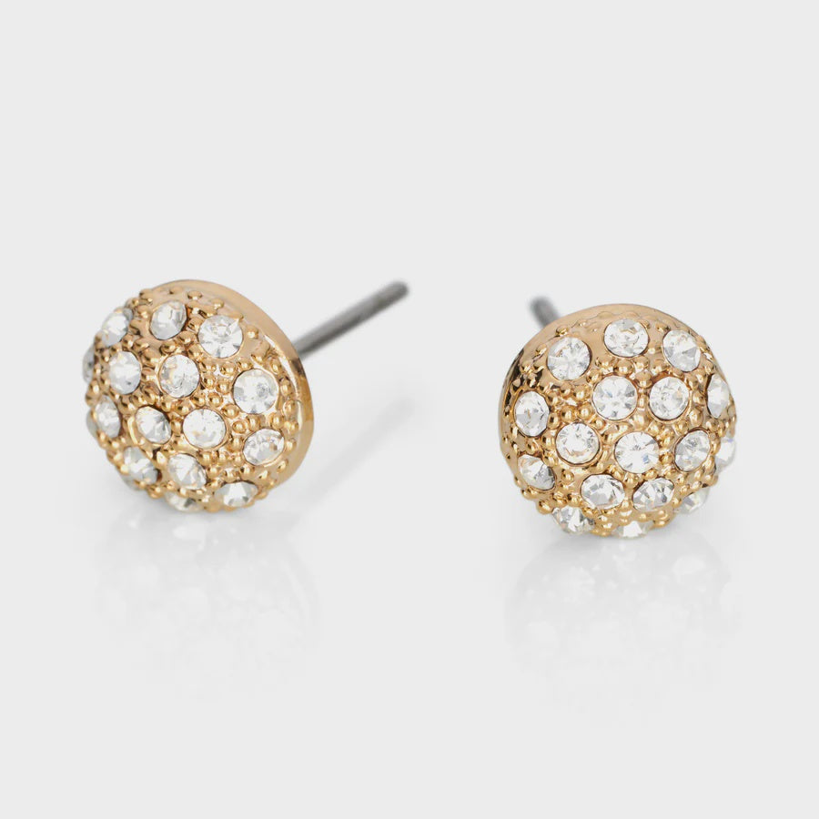 Small round dome stud earrings in gold and rose gold, covered all over with tiny sparkling crystals