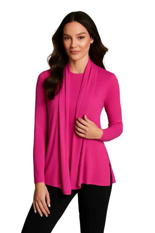 Open-front waterfall drape cardigan with a shawl-style front and no buttons, worn as a soft layer