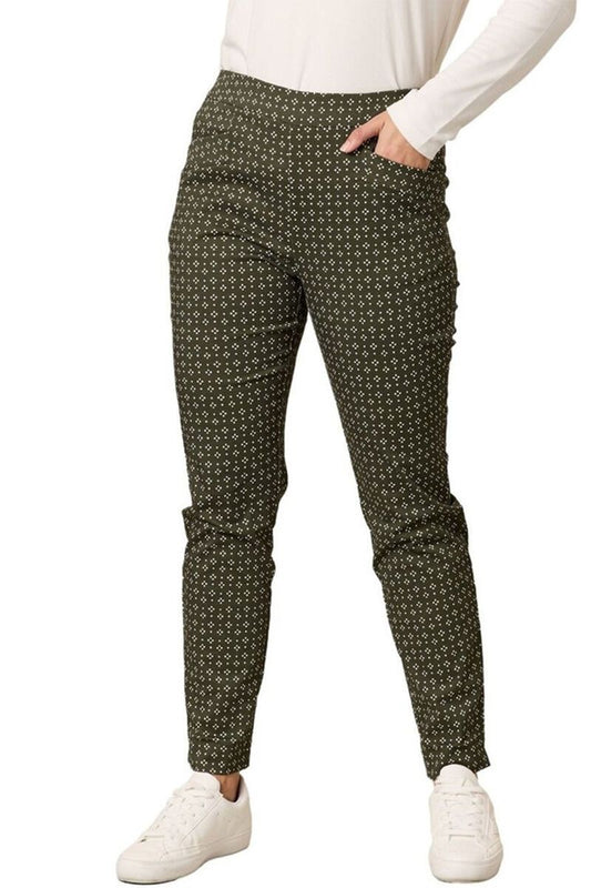 Printed cotton pull-on pants in khaki and coffee tones with a relaxed fit
