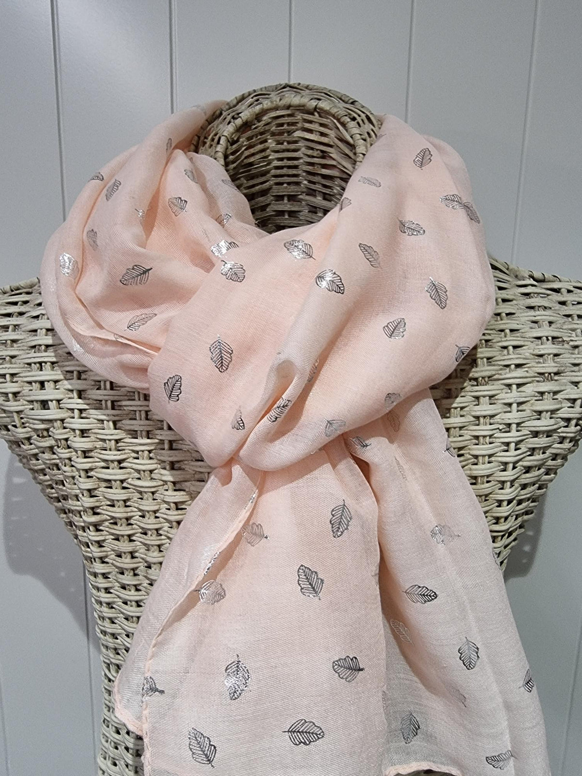 Soft pink and mint scarf with delicate silver metallic leaves shimmering through a cotton viscose fabric