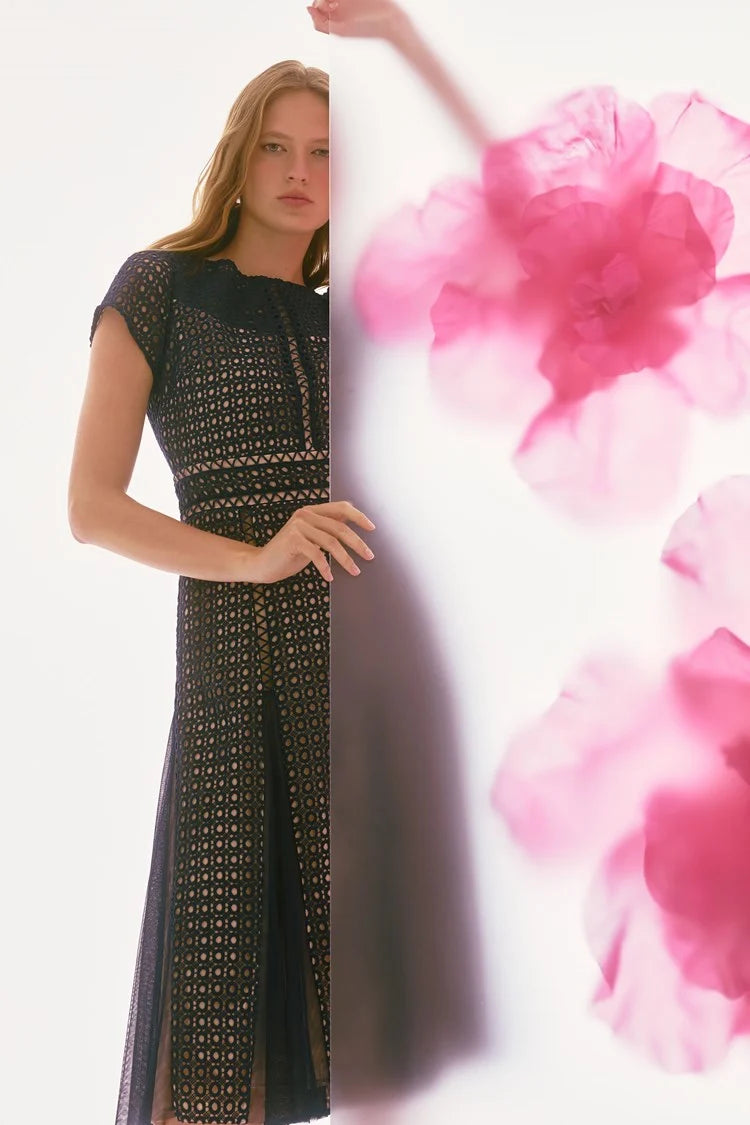 Giupure mesh fit flare dress