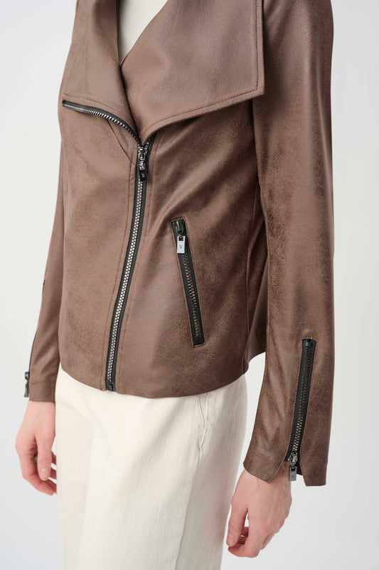 Joseph Ribkoff foiled knit jacket with wide asymmetric biker-style collar, front zipper, zipper pockets and zipped sleeve openings