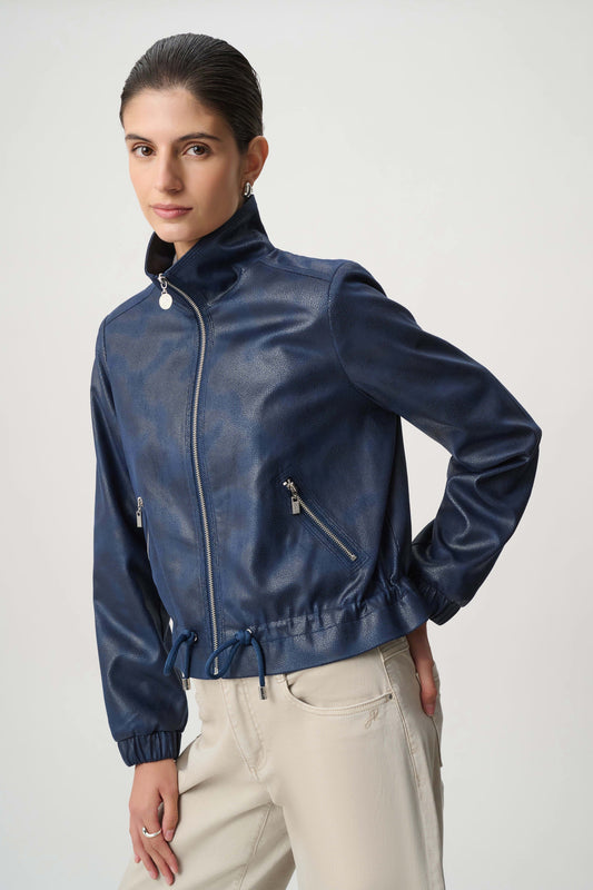 Joseph Ribkoff faux suede blouson jacket in green with funnel collar, zip front, elastic cuffs and drawstring hem