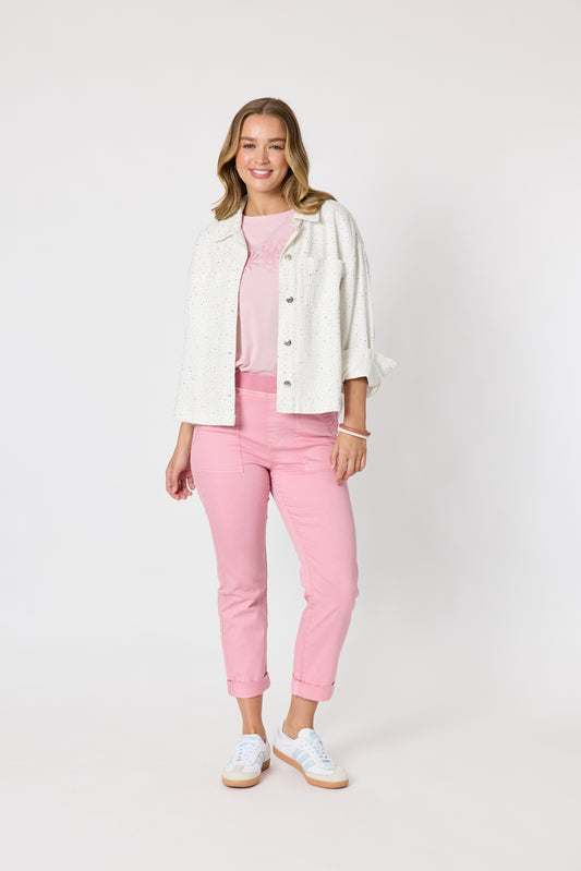 Relaxed tapered cotton capri pants in Musk or Sky Blue with an elastic waistband, faux fly stitching and rolled-back cuffs