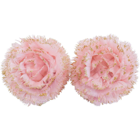 Round dusty pink and white faux feather clip flower ball, about 10cm, with a fluffy textured finish