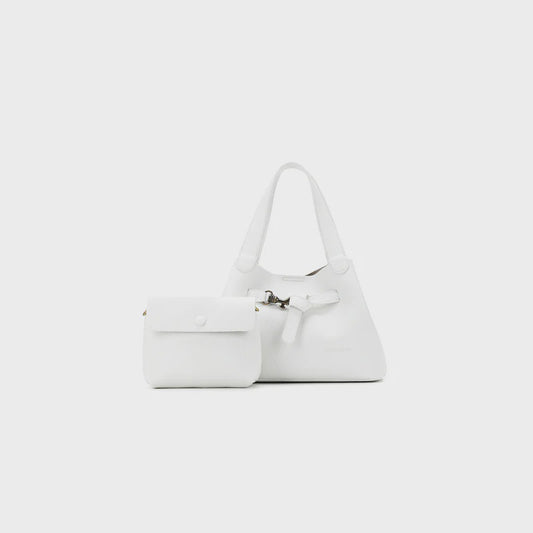 Brielle vegan bag in white, tan and black with antique gold hardware, a top handle and a detachable crossbody strap
