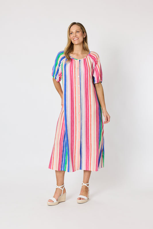 Multicoloured jewel-striped dress in Candi Multi with button front, raglan sleeves and a scoop neckline