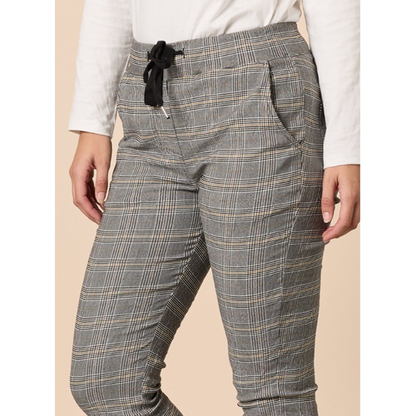 Grey and black check pull-up pants with a fine mustard line and a black drawstring tie at the waist