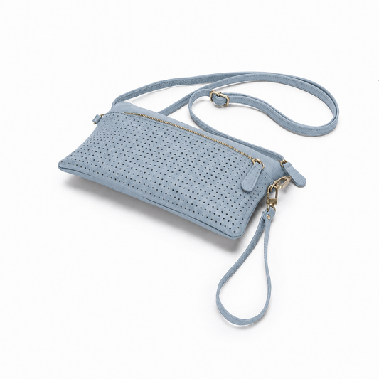 Slim perforated vegan leather crossbody bag with brushed gold zip, front zip pocket and removable long and wristlet straps
