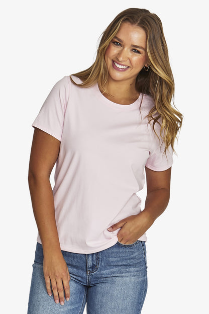 Short-sleeved cotton t-shirt from Jump in Ink, Pale Pink and White with a classic round neckline
