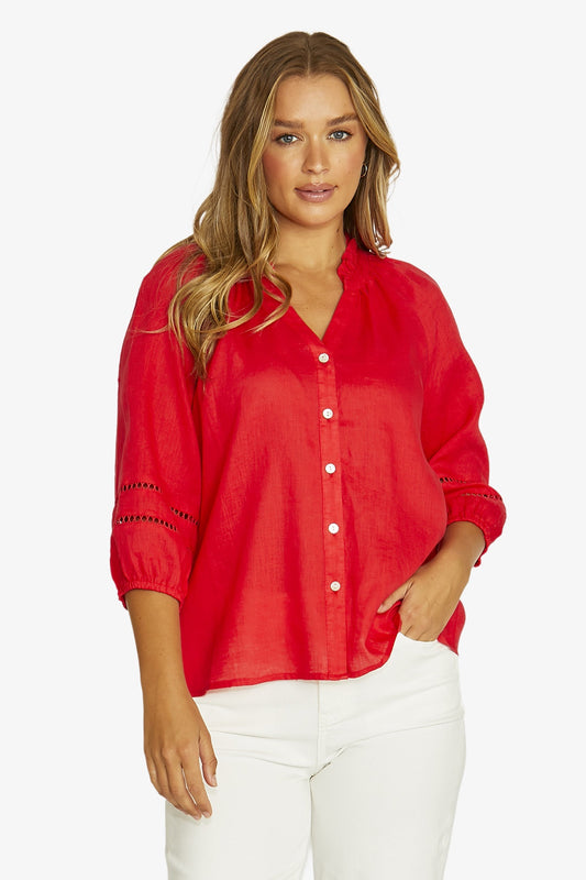 Chilli linen top with V-neckline, button front and three-quarter sleeves with ladder stitching detail