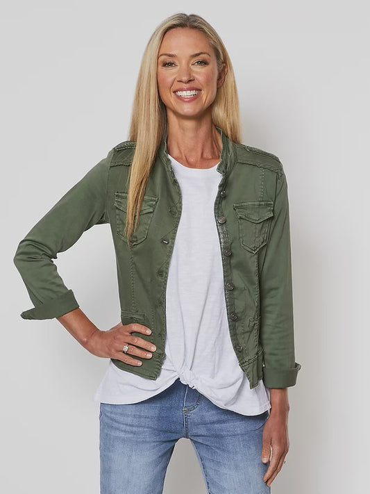 Washed military denim jacket with fringe detailing and sparkling trim on the epaulettes and front placket
