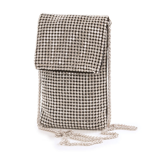 Small silver diamante cross body evening bag with a snap flap and a double link chain strap