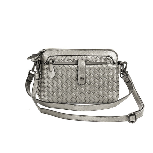 Riley woven PU crossbody bag in navy with gunmetal hardware, a front zip pocket and two straps