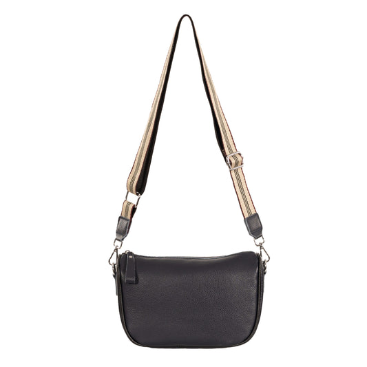 Navy pebble-style leather crossbody bag with black piping, silver coloured hardware and a muted striped strap