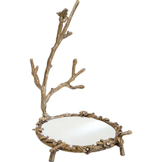 Vintage pewter jewellery tree stand with small birds perched on its branches and a mirror detail, in a gold tone