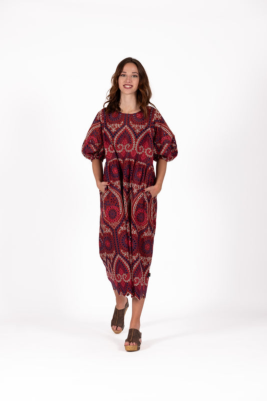 Gypsy Rose print dress in berry and spice tones with balloon sleeves, a relaxed floaty skirt and pockets