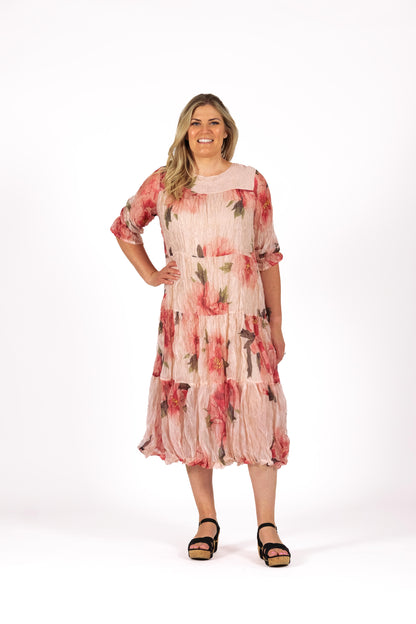 Rose Water floral Cascade dress by Deanne Hobbs in blush and rose tones with tiered skirt and relaxed gathered sleeves
