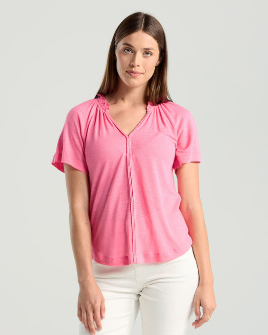 Casual linen blend top with a frilled v-neckline, rope trim detail and wide, short raglan sleeves in Mandarin, Air Blue or Pink