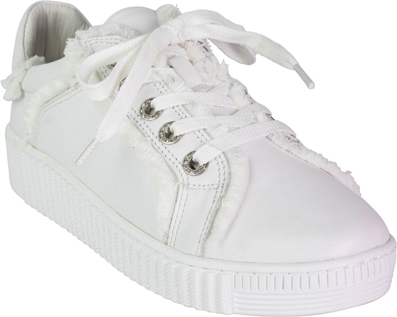 Bilbao leather sneaker in white and blue with raw edging detail on the upper and a classic white sole