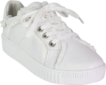 Bilbao leather sneaker in white and blue with raw edging detail on the upper and a classic white sole