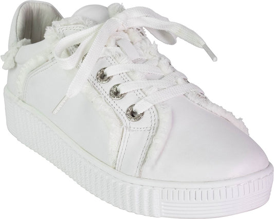 Bilbao leather sneaker in white and blue with raw edging detail on the upper and a classic white sole