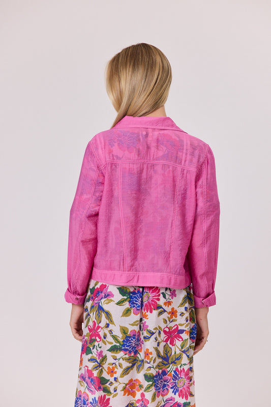 Pink and white voile jacket with diamante heart-shaped buttons and delicate topstitch detailing