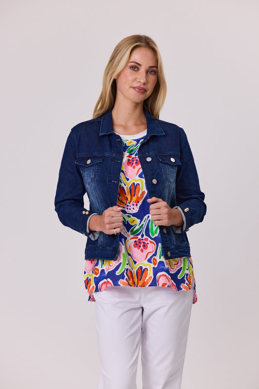 Dark indigo stretch denim jacket with pearl trim and detachable pearl detail at the cuffs