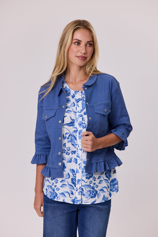Pink, blue and white stretch drill jacket with a frill hemline, three-quarter sleeves and a dome closure at the front