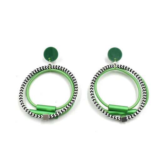Green aluminium loop tube earrings from Mingk, shown as a pair against a plain background
