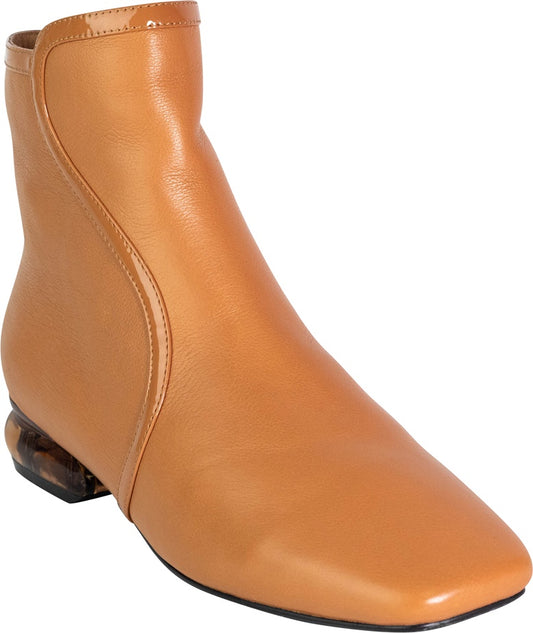 Dana leather ankle boot in black and tan with a rounded heel and side zip entry