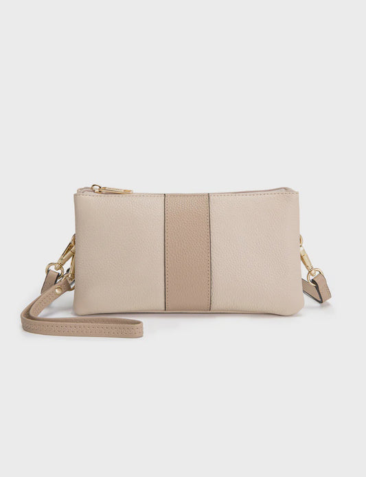 Compact genuine leather shoulder bag wallet with gold fittings, zip closure, swinger handle and detachable shoulder strap