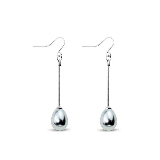 Pair of grey glass pearl teardrop earrings hanging from rhodium plated snake chains with fish hook clasps