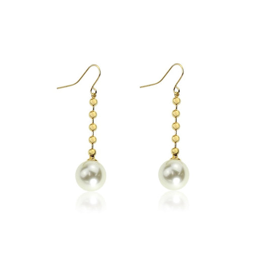 Gold and silver drop earrings with a shimmering metal ball chain and a glass pearl bead on a fishhook fitting