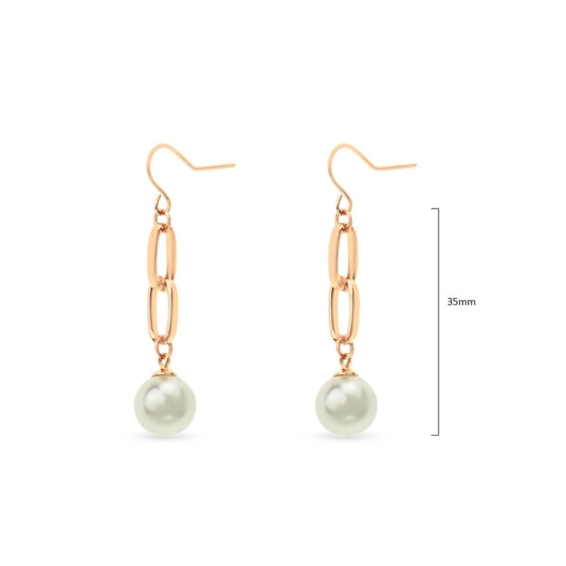 Rose gold earrings with a delicate oval linked chain and a single creamy glass pearl drop on a fishhook hook