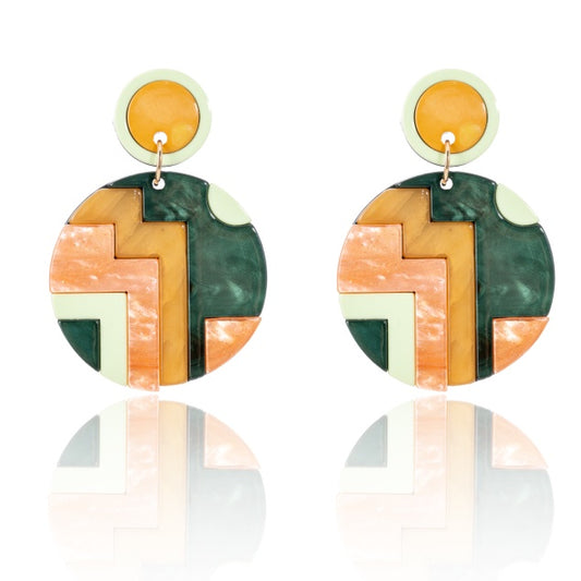 Pair of round earrings in bright green and tan from Blue Scarab