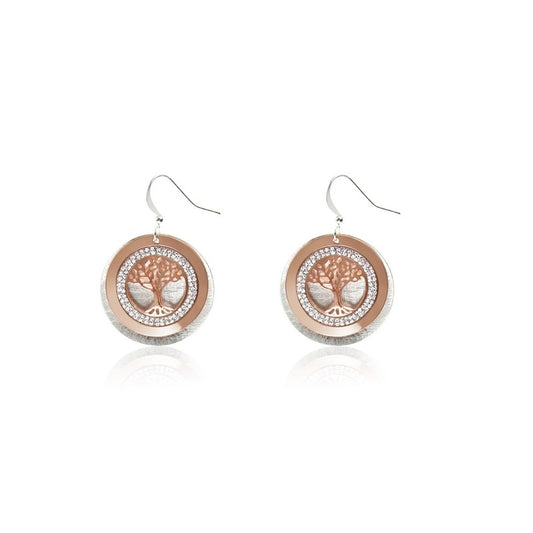 Drop tree of life earrings in rose gold and silver with a brushed glitter finish and fish hook backs