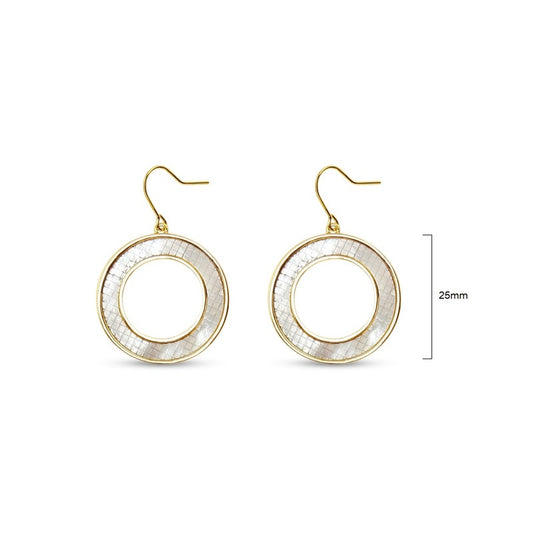 Pair of circular mother-of-pearl earrings with a chequered pattern and gold fishhook backs