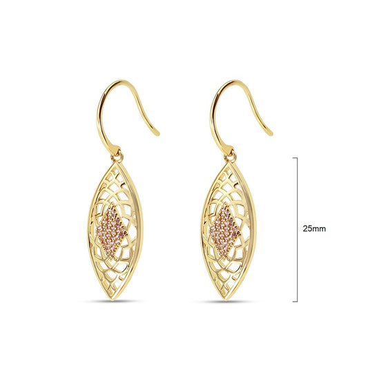 Pair of gold-plated filigree earrings in a diamond shape with a sparkling crystal, on fishhook fittings