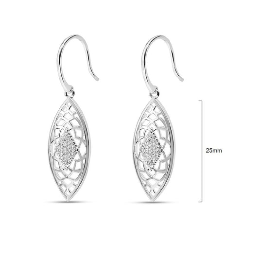 Pair of silver-plated fishhook earrings with brass filigree in a diamond shape and a sparkling CZ crystal centre