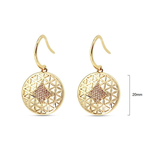 Pair of round gold-plated filigree earrings with sparkling CZ crystals and fishhook fittings