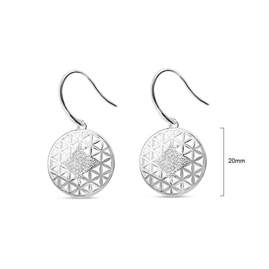 Pair of round silver-plated filigree fishhook earrings with sparkling CZ crystals