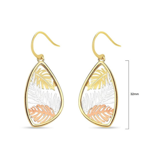 Teardrop earrings with a 3D leaf design in mixed matt silver, rose gold and gold plating, on fishhook wires