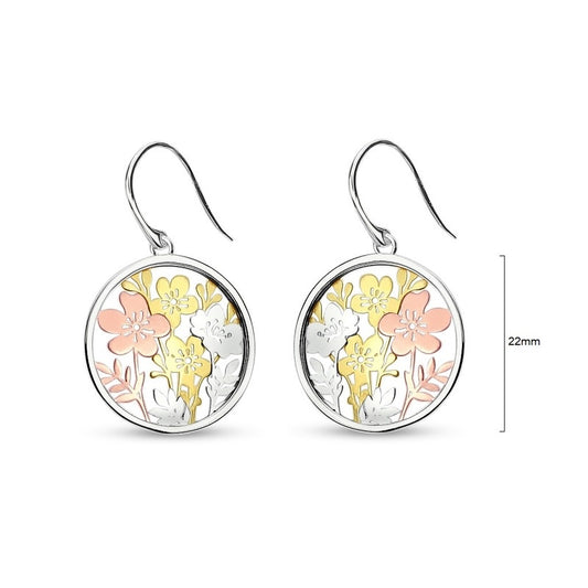 Pair of round 3D flower fishhook earrings plated in a mix of matt silver, rose gold and gold
