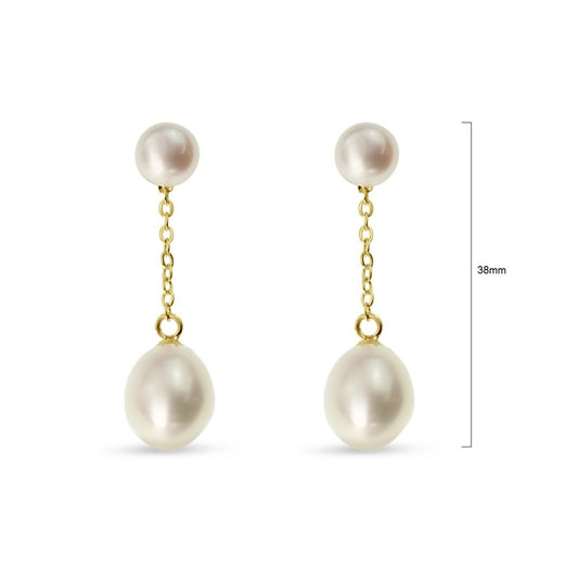 Pair of gold-plated drop earrings with a delicate metal chain, freshwater pearls and a lustrous pearl at the top of each